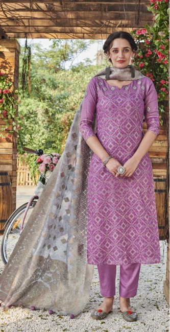 Cotton Bhagalpuri Light Purple Straight Pant Suit with dupatta
