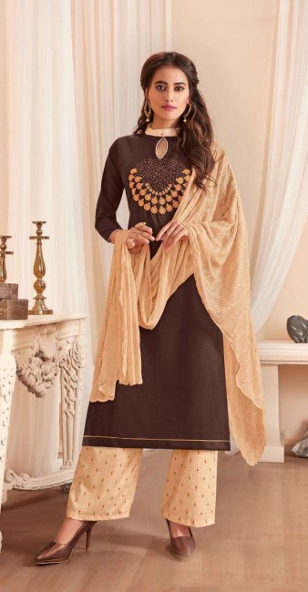Satin Brown Palazzo Suit in Cotton