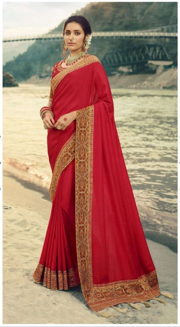Silk Saree in Red with Embroidered