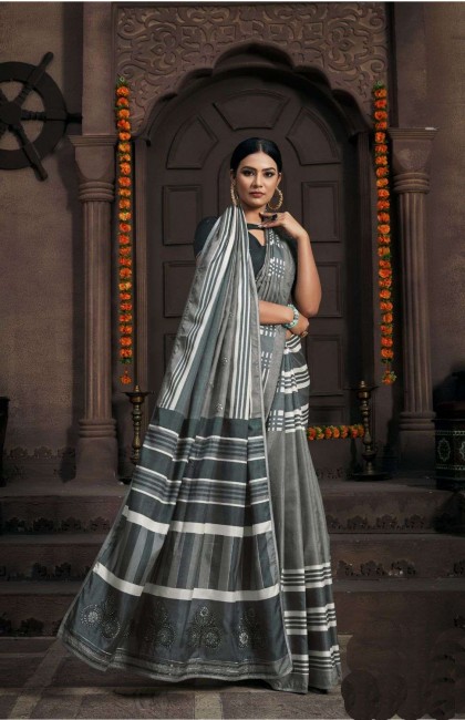 Printed Silk Saree in Grey with Blouse