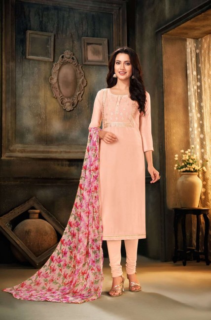 Cotton Churidar Suit in Peach with Chanderi