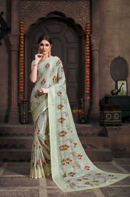 Fascinating Green Silk Printed Saree with Blouse