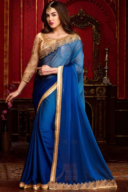 Blue Saree in Chiffon with Embroidered