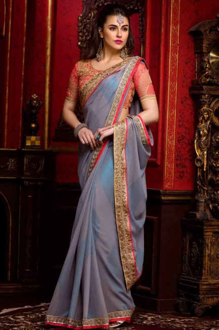 Georgette Embroidered Saree in Grey