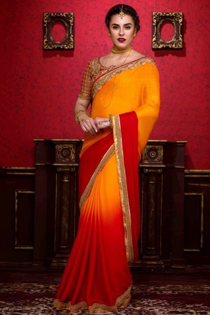 Crepe Embroidered Orange Saree with Blouse