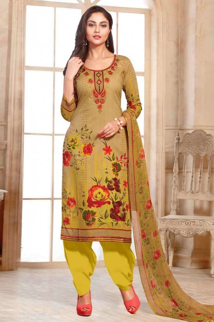 Cotton Patiala Suit with Embroidered in Yellow