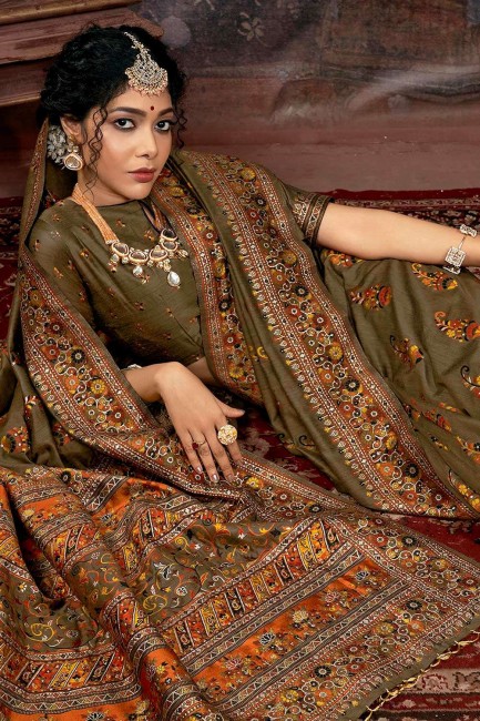 Olive Green Saree with Printed Silk