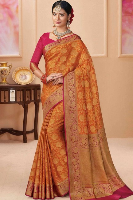 Orange Silk & Tissue Saree with Weaving