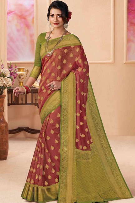 Weaving Silk & Tissue Saree in Maroon with Blouse