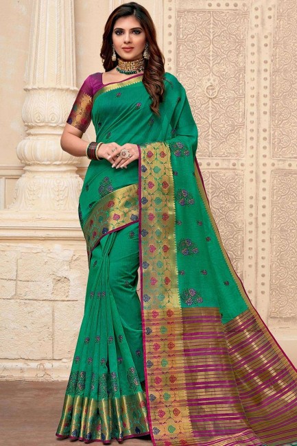Raw Silk Saree in Green with Embroidered