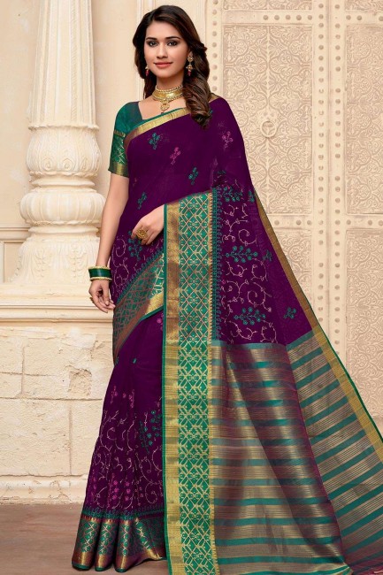 Saree in Purple Raw Silk with Embroidered