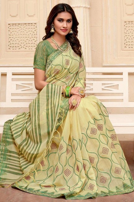 Saree in Yellow Raw Silk with Embroidered