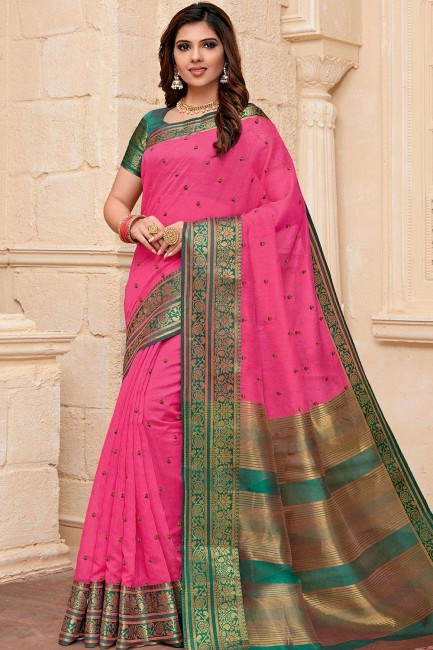 Pink Raw Silk Saree with Embroidered