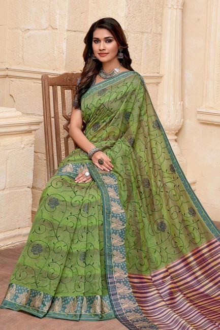 Embroidered Raw Silk Green Saree Blouse