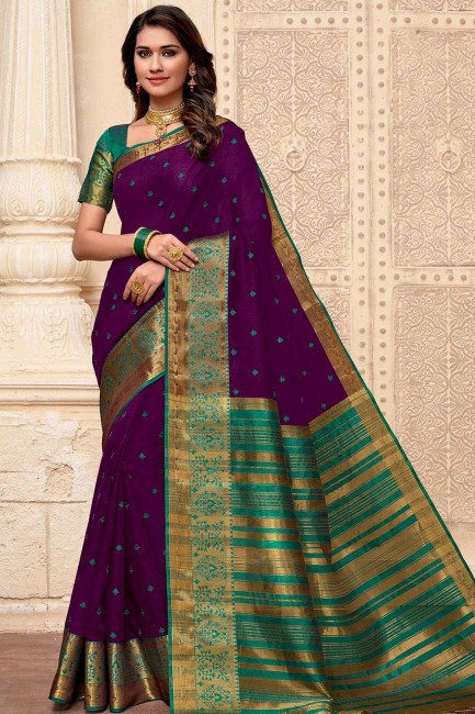 Raw Silk Saree with Embroidered in Purple