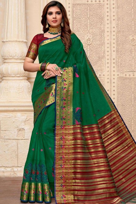 Green Raw Silk Embroidered Saree with Blouse