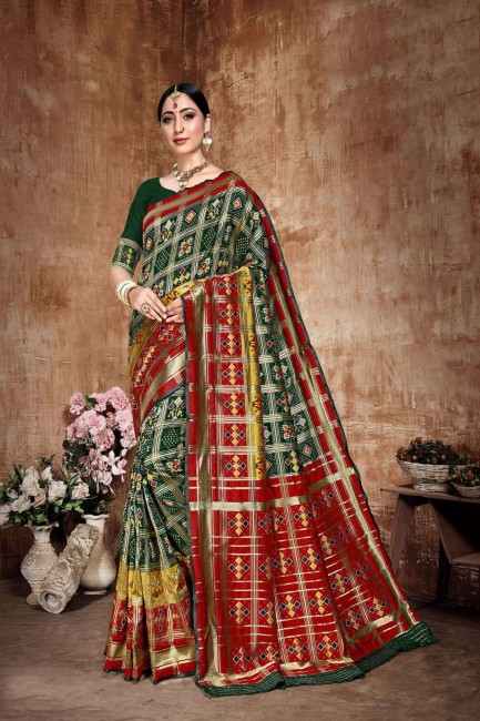 Green, Red color Banarasi Silk South Indian Saree