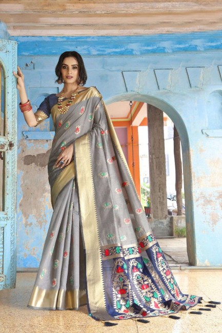 Designer Grey color Silk Handloom South Indian Saree