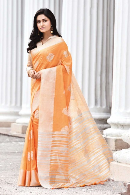 Orange Saree in Weaving Cotton & Linen