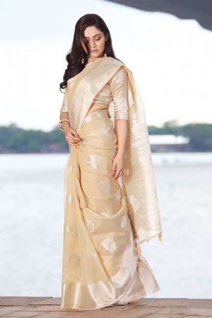 Cotton & Linen Saree with Weaving in Cream