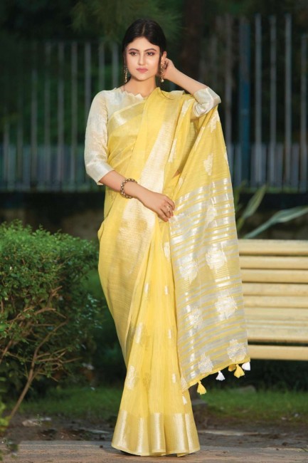 Yellow Cotton & Linen Saree with Weaving