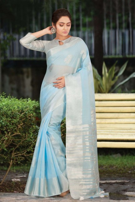 Weaving Cotton & Linen Sky Blue Saree Blouse