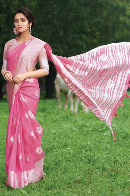 Weaving Cotton & Linen Saree in Pink with Blouse