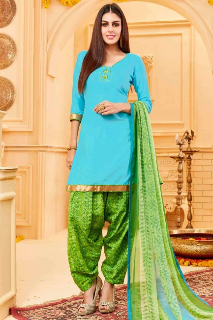 Printed Cotton Patiala Suit in Blue with Dupatta