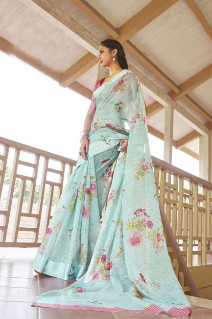 Printed Linen Saree in Sky Blue with Blouse