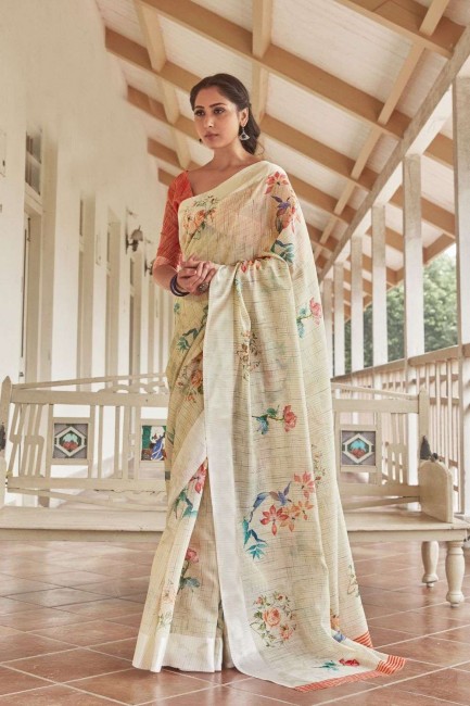 Multicolor Printed Saree in Linen