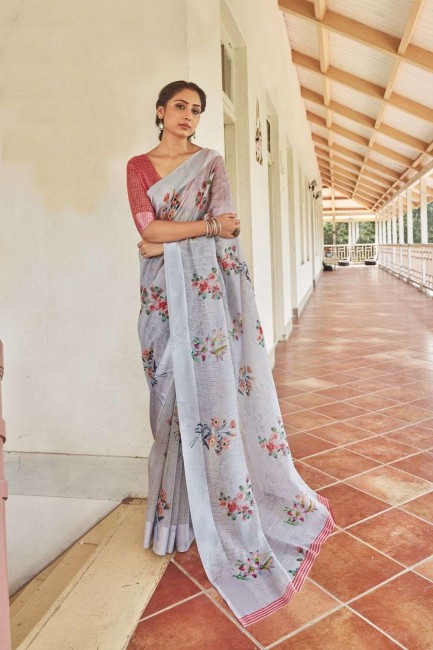 Linen Saree in Grey with Printed