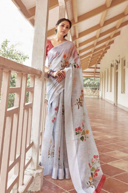 Linen Printed Multicolor Saree with Blouse