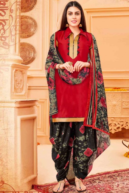 Red Printed Cotton Patiala Suit