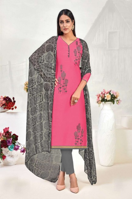 Straight Pant Suit in Pink Chanderi with Chanderi