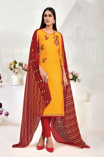 Yellow Straight Pant Suit with Chanderi