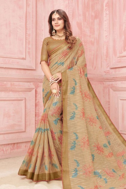 Beige Linen Printed Saree with Blouse