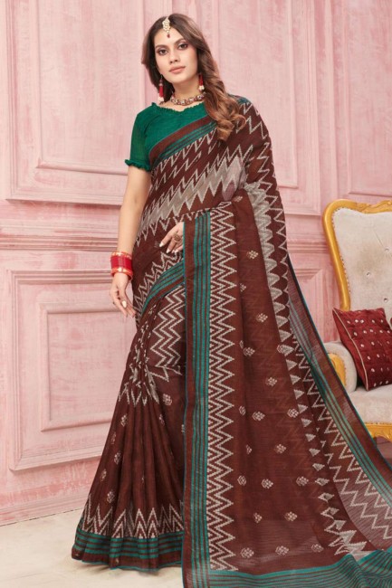 Saree in Brown Art Silk with Embroidered