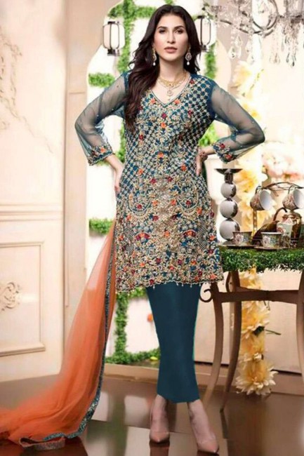 Net Teal Blue Palazzo Suit with dupatta