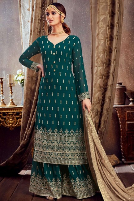 Georgette Sharara Suit in Green with dupatta