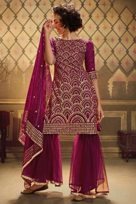 Soft Net Sharara Suit in Dark Pink with Soft Net