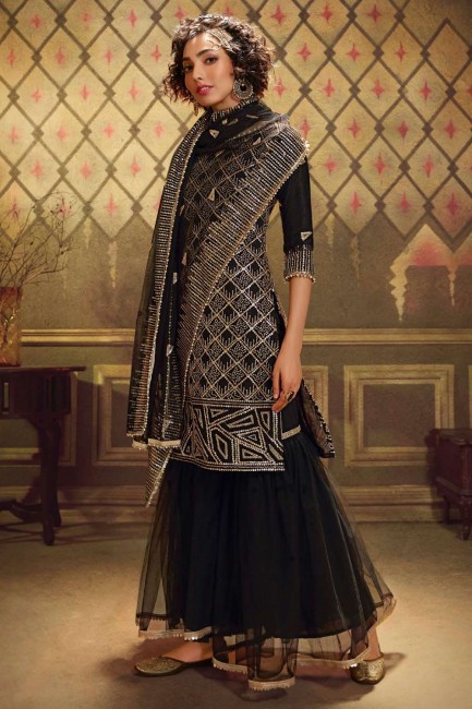 Soft Net Sharara Suit with Soft Net in Black