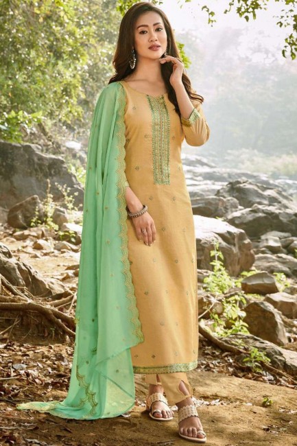 Cotton Palazzo Suit with Chanderi in Light Yellow
