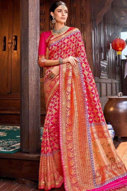 Weaving Saree in Rani Pink Silk