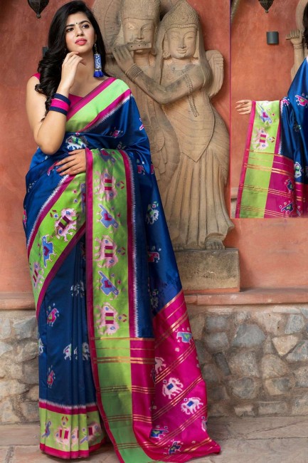 Blue Saree in Silk with Printed