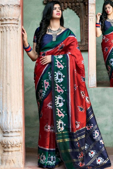 Saree in Red Silk with Printed