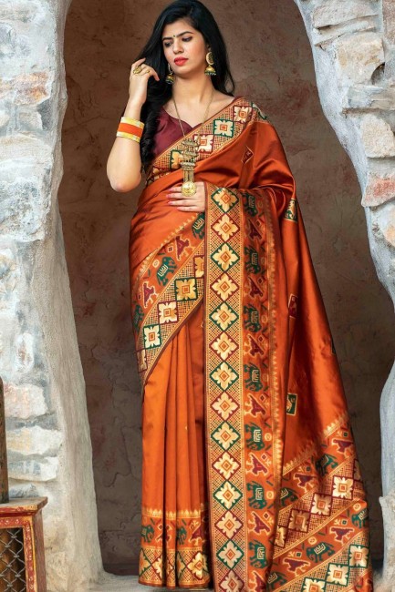Weaving Silk Saree in Orange with Blouse