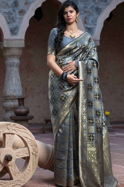 Silk Saree in Grey with Weaving