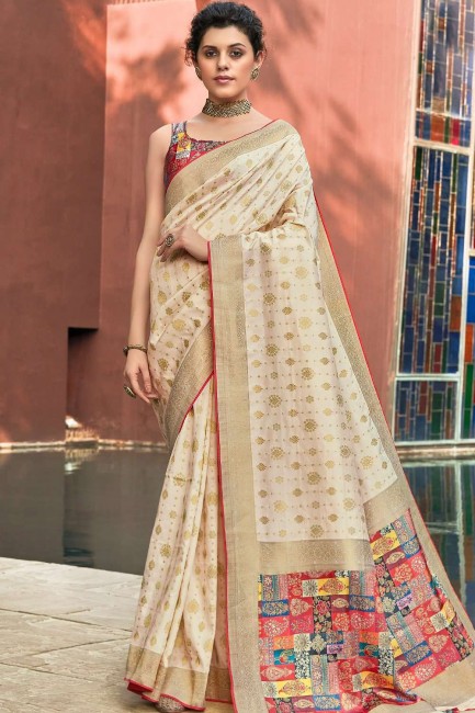 Saree in Cream Art Silk with Printed