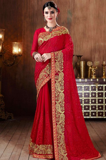 Red Georgette Embroidered Party Wear Saree with Blouse
