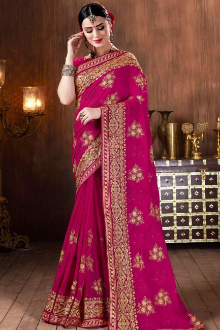 Embroidered Party Wear Saree in Rani Pink Georgette